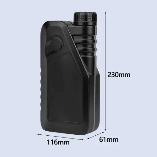 Black engine oil bottle dimensions showing 230mm height, 116mm width, and 61mm depth