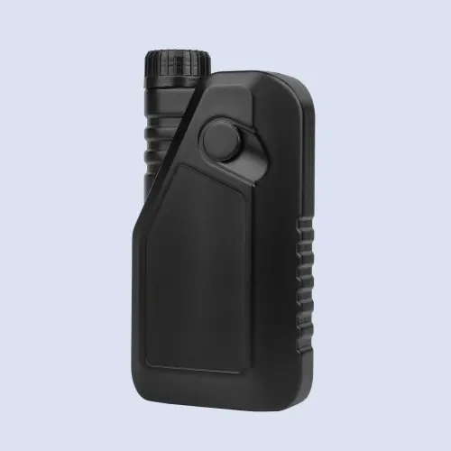Black HDPE engine oil bottle with liquid level line and ergonomic grip design