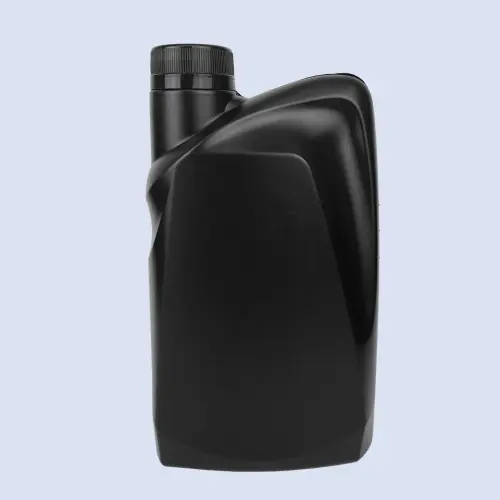 Rear view of black HDPE lubricant oil bottle with screw cap