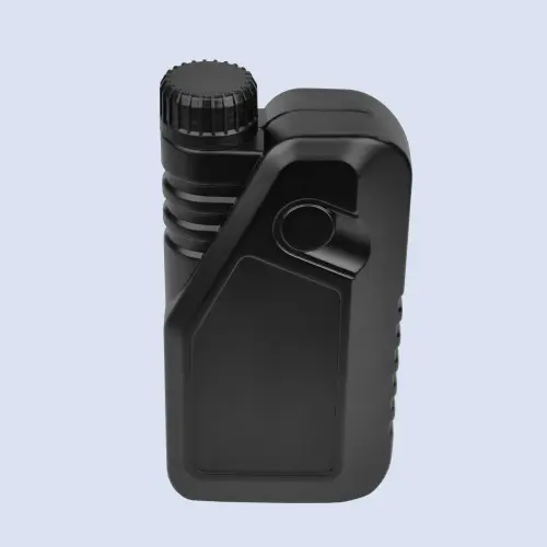 Front view of black HDPE lubricant bottle with screw cap and textured grip details