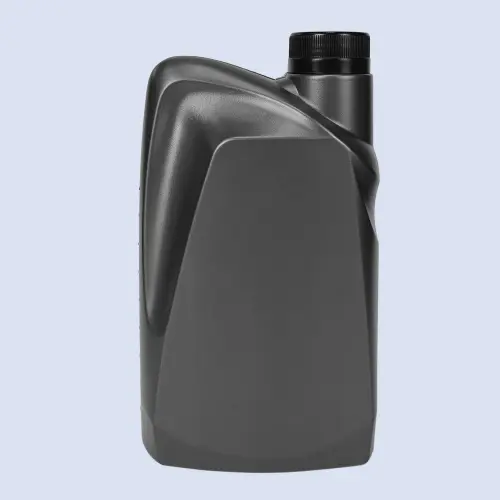 Black 1 liter lubricant oil bottle with curved shoulder design front angle