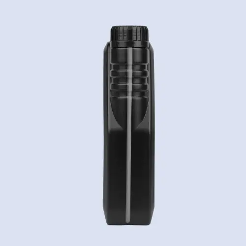 Side profile of black plastic engine oil bottle showing liquid level line and grip texture