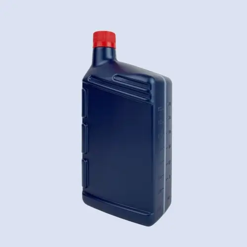 Side view of blue oil bottle with volume measurement markings