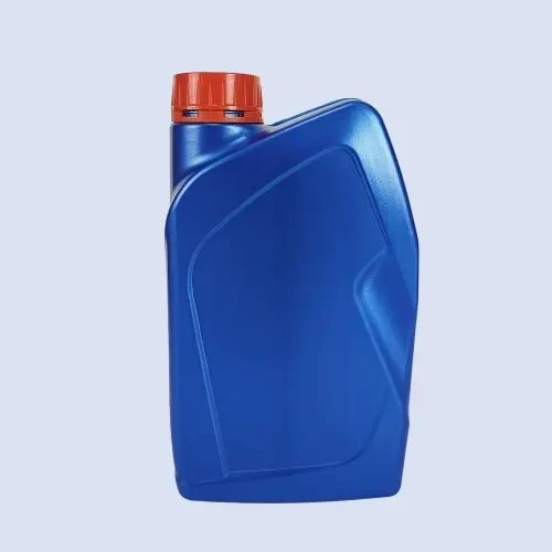Front view of blue curved HDPE engine oil bottle with orange screw cap
