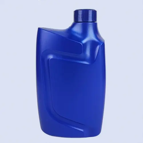 Blue engine oil bottle with curved panel design front view