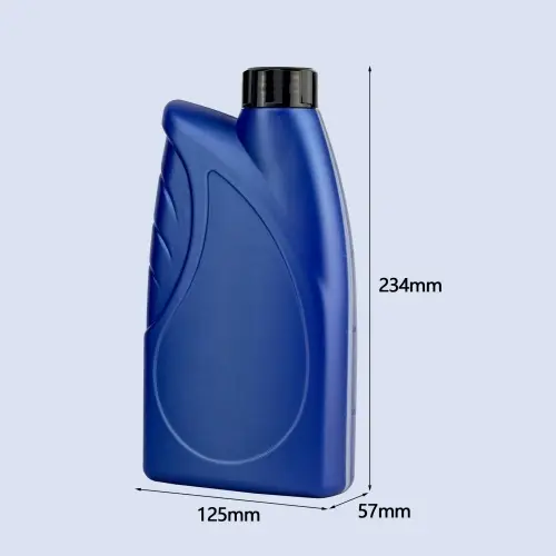 Blue engine oil bottle dimensions showing 234mm height and container size
