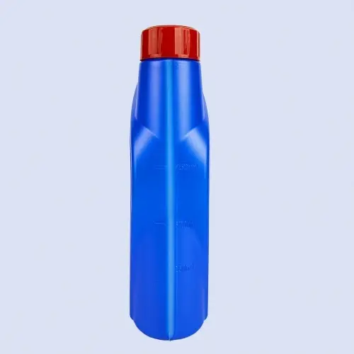 Side view of blue engine oil bottle with measurement markings