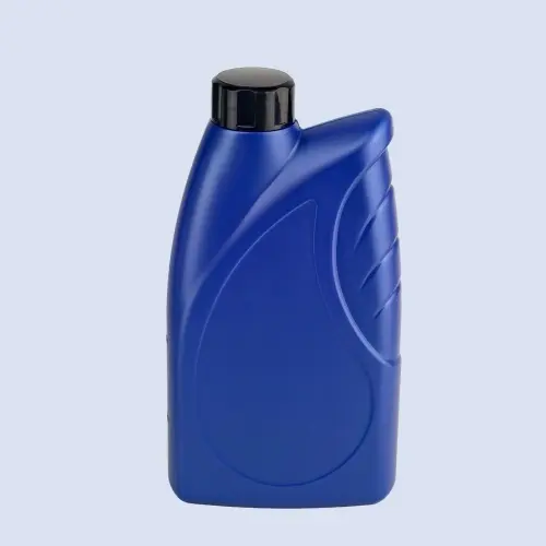 Angled view of blue engine oil bottle with ribbed side grip design