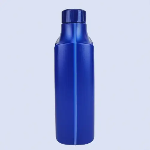 Side profile of blue engine oil bottle with slim body design