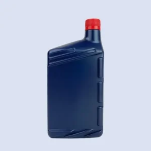 Front view of blue plastic engine oil bottle with reinforced side panels