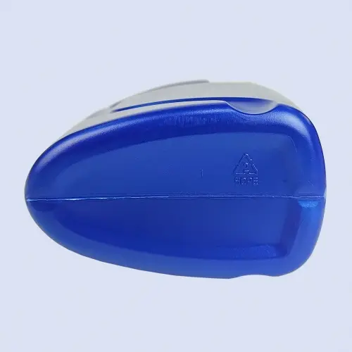 Bottom view of blue HDPE engine oil bottle for motor oil packaging