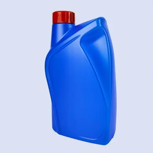 Blue HDPE engine oil bottle with curved body design front angle view
