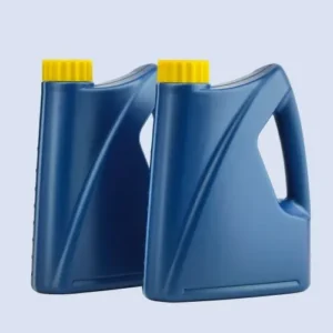 Blue HDPE engine oil jugs with handle design and yellow caps front view