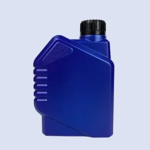 Front view of blue HDPE oil bottle with textured grip panel