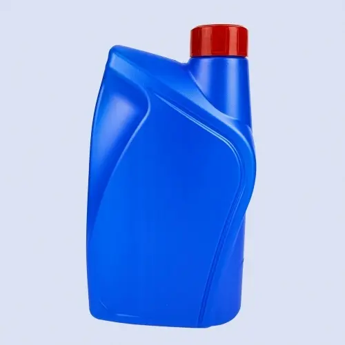 Rear angled view of blue HDPE engine oil bottle with curved panel shape