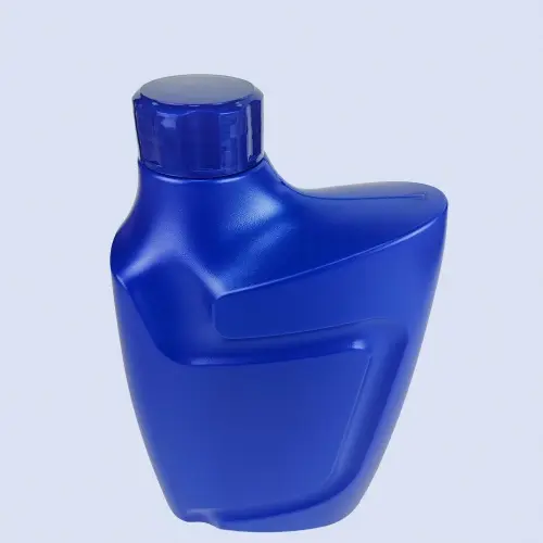 Angled view of blue HDPE oil bottle with raised shoulder shape