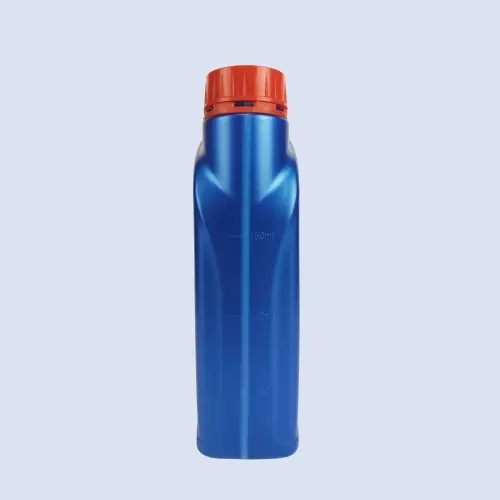 Side view of blue HDPE engine oil bottle showing measurement markings