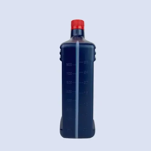 Side view of blue oil bottle with volume measurement markings
