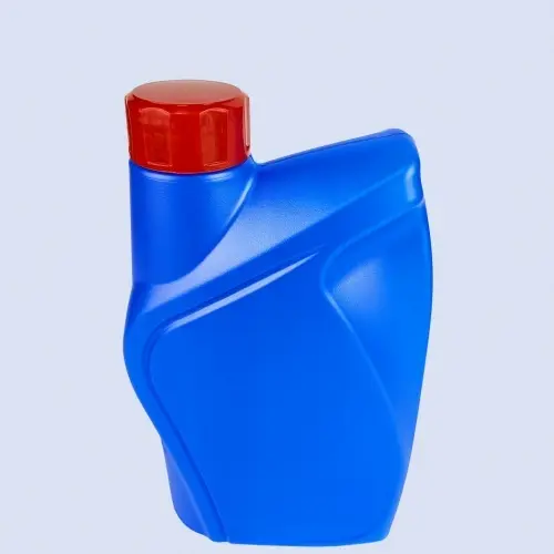 Angled view of blue engine oil bottle with sloped shoulder design