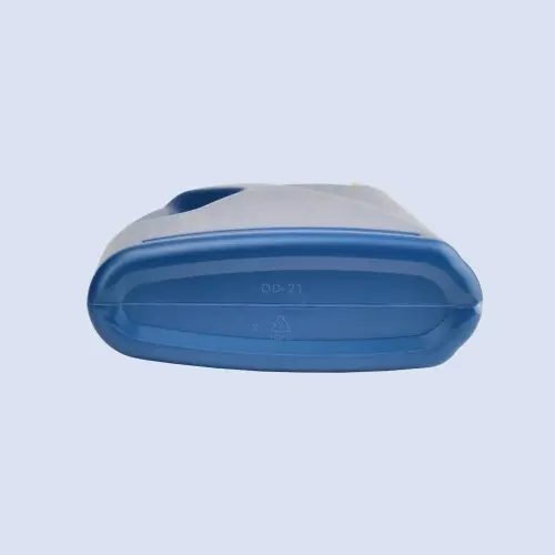 Bottom view of blue HDPE engine oil jug container with handle