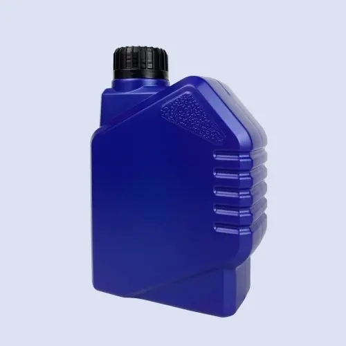Angled view of blue plastic engine oil bottle for lubricant packaging