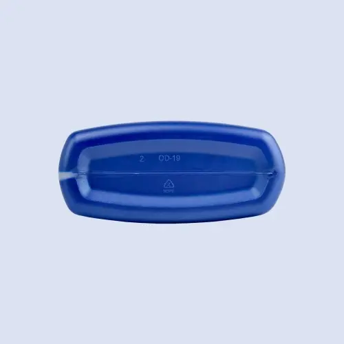 Bottom view of blue plastic jerry bottle for engine oil packaging