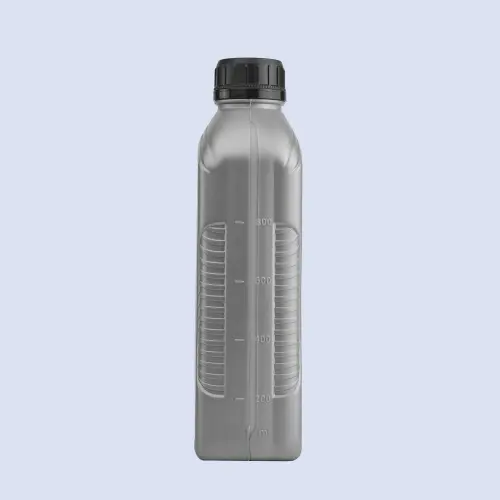 Side view of car engine oil bottle with measurement markings and grip texture