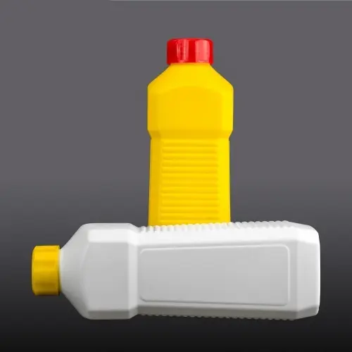 Square HDPE bottle shown in upright and horizontal positions for packaging applications