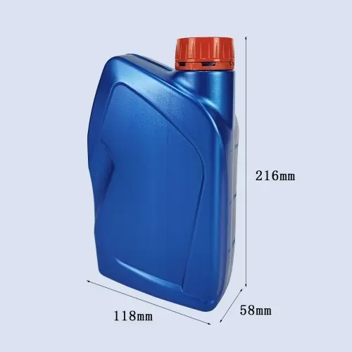 Blue curved HDPE lubricant bottle with dimensions 216mm height, 118mm width, and 58mm depth