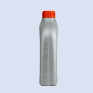 Front view of 1 liter HDPE engine lube oil bottle with measuring scale.