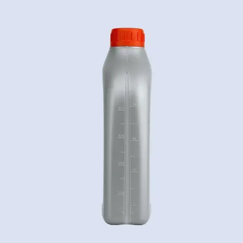 Front view of 1 liter HDPE engine lube oil bottle with measuring scale.