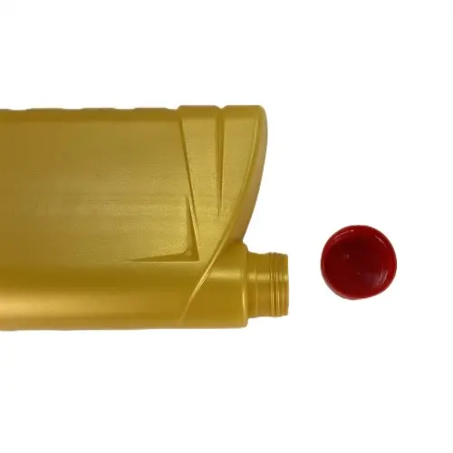 Gold engine oil bottle showing threaded neck opening and cap removed
