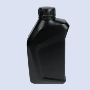 Black plastic engine oil jerry bottle with screw cap perspective view