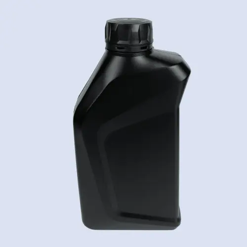 Black plastic engine oil jerry bottle with screw cap perspective view