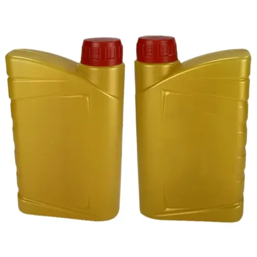 Front and rear views of gold engine oil measuring bottles with red caps