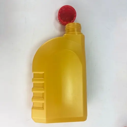 1 liter engine oil measuring bottle with open cap for lubricant filling.
