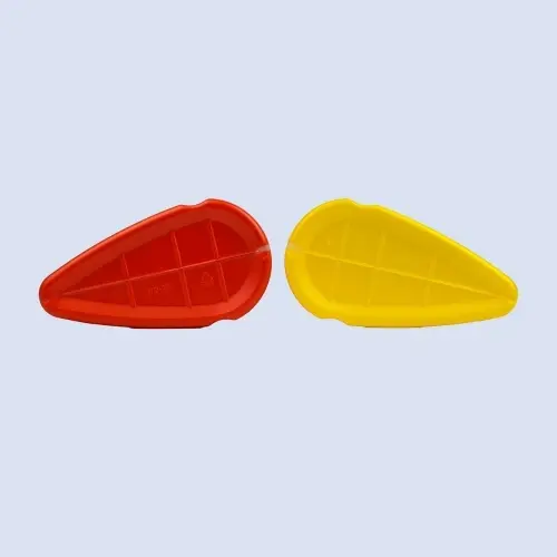 Bottom view of red and yellow flat plastic engine oil bottles