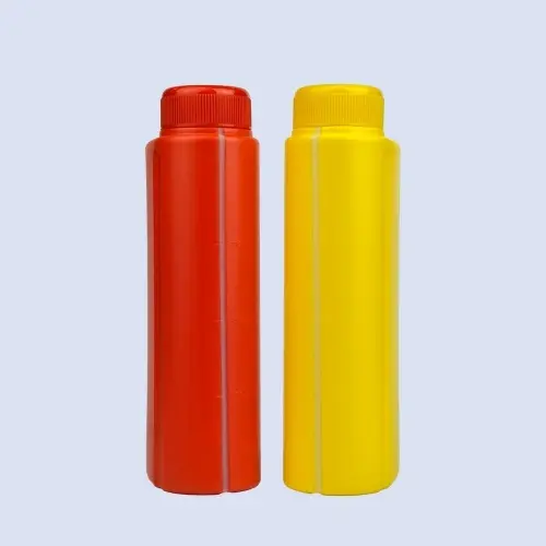 Side view of flat HDPE engine oil bottles with slim profile