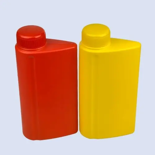 Angled view of red and yellow flat engine oil bottles with slim body design