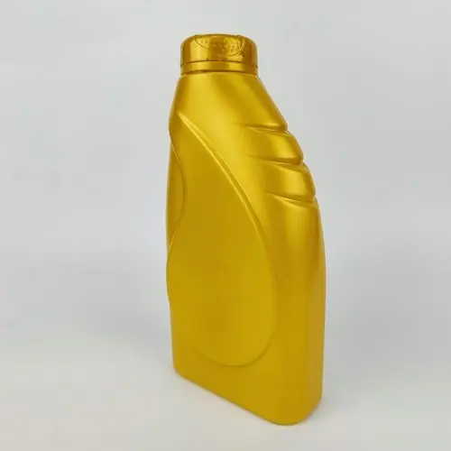 Angled view of 1 liter gold HDPE engine oil bottle for lubricant packaging.