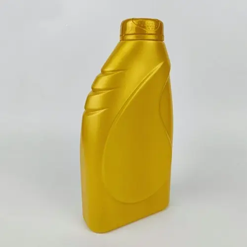 Front angled view of gold HDPE engine oil bottle for automotive lubricants.