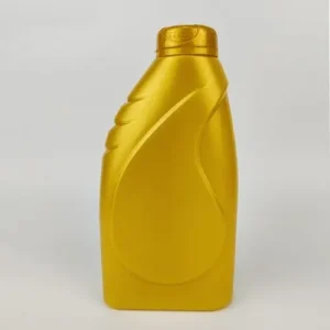 Front view of 1 liter gold plastic engine oil bottle for motor oil packaging.