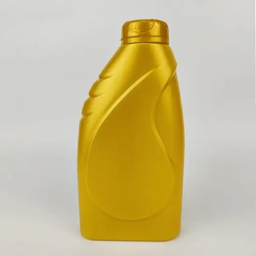 Front view of 1 liter gold plastic engine oil bottle for motor oil packaging.