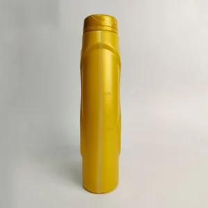 Side profile of 1 liter gold plastic engine oil bottle with slim design.