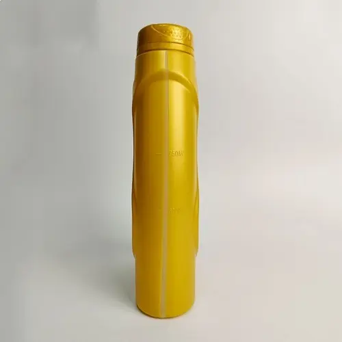 Side profile of 1 liter gold plastic engine oil bottle with slim design.