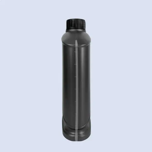Side view of gray engine oil bottle with volume measurement markings