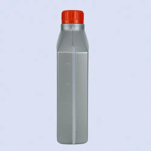 Side measurement view of gray engine oil bottle with volume markings