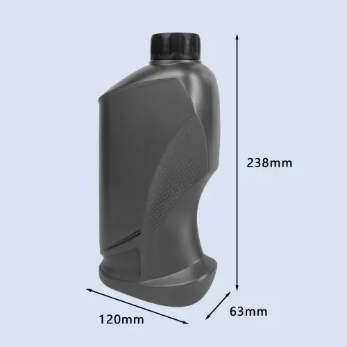 Gray ergonomic grip oil bottle dimensions showing 238mm height and container size