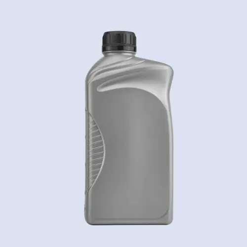 Gray HDPE car engine oil bottle with side grip texture front view