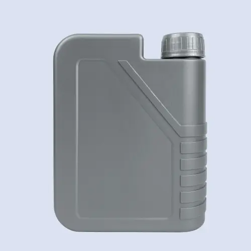 Gray 1 liter HDPE engine oil bottle with ribbed grip design front view